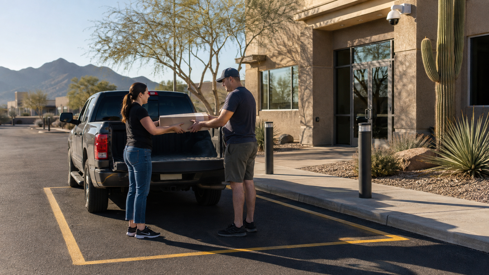 Marked safe exchange zone parking stall outside an Arizona police station where two people complete a Craigslist Phoenix handoff