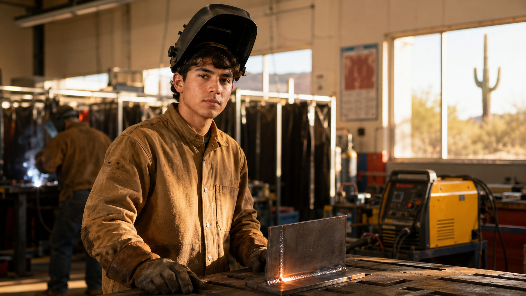 Welding student in a lab at a trade school in Phoenix, Arizona