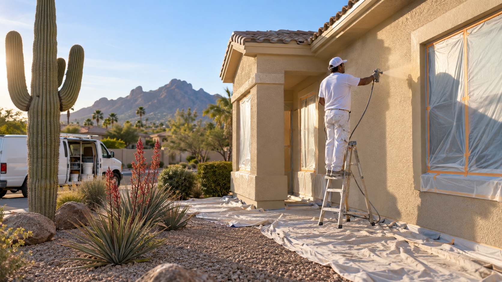 Painter spraying a two-coat exterior finish on a stucco home in Phoenix, Arizona