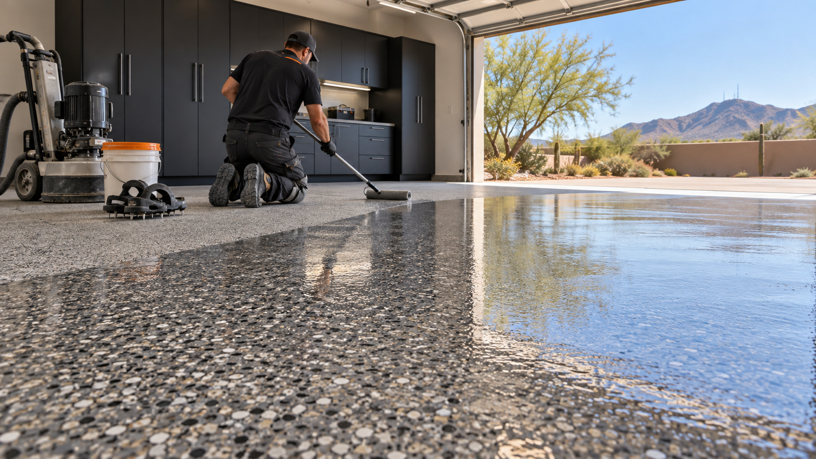 Installer rolling a polyaspartic flake coating onto a garage floor in Tempe, Arizona, with the garage door open to desert sunlight.