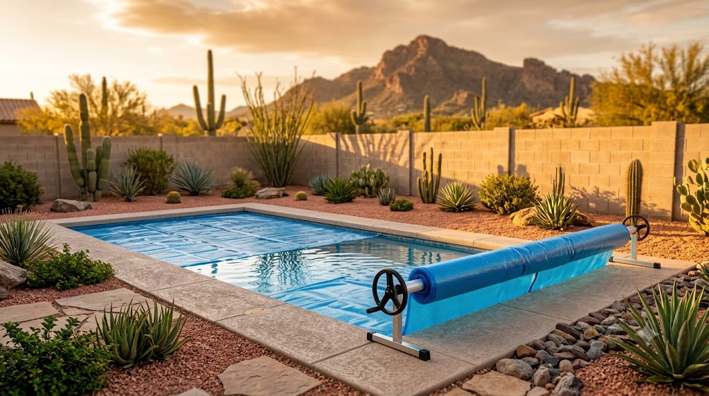 Solar pool cover partially covering a backyard pool in Phoenix Arizona with desert landscaping