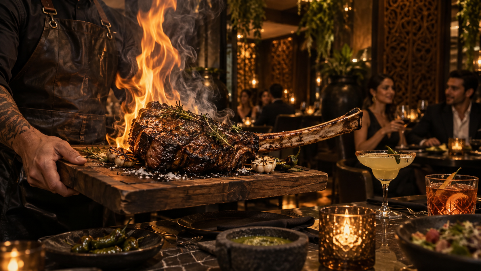 Flaming tableside steak presentation in a dimly lit modern Mexican steakhouse in Scottsdale, Arizona