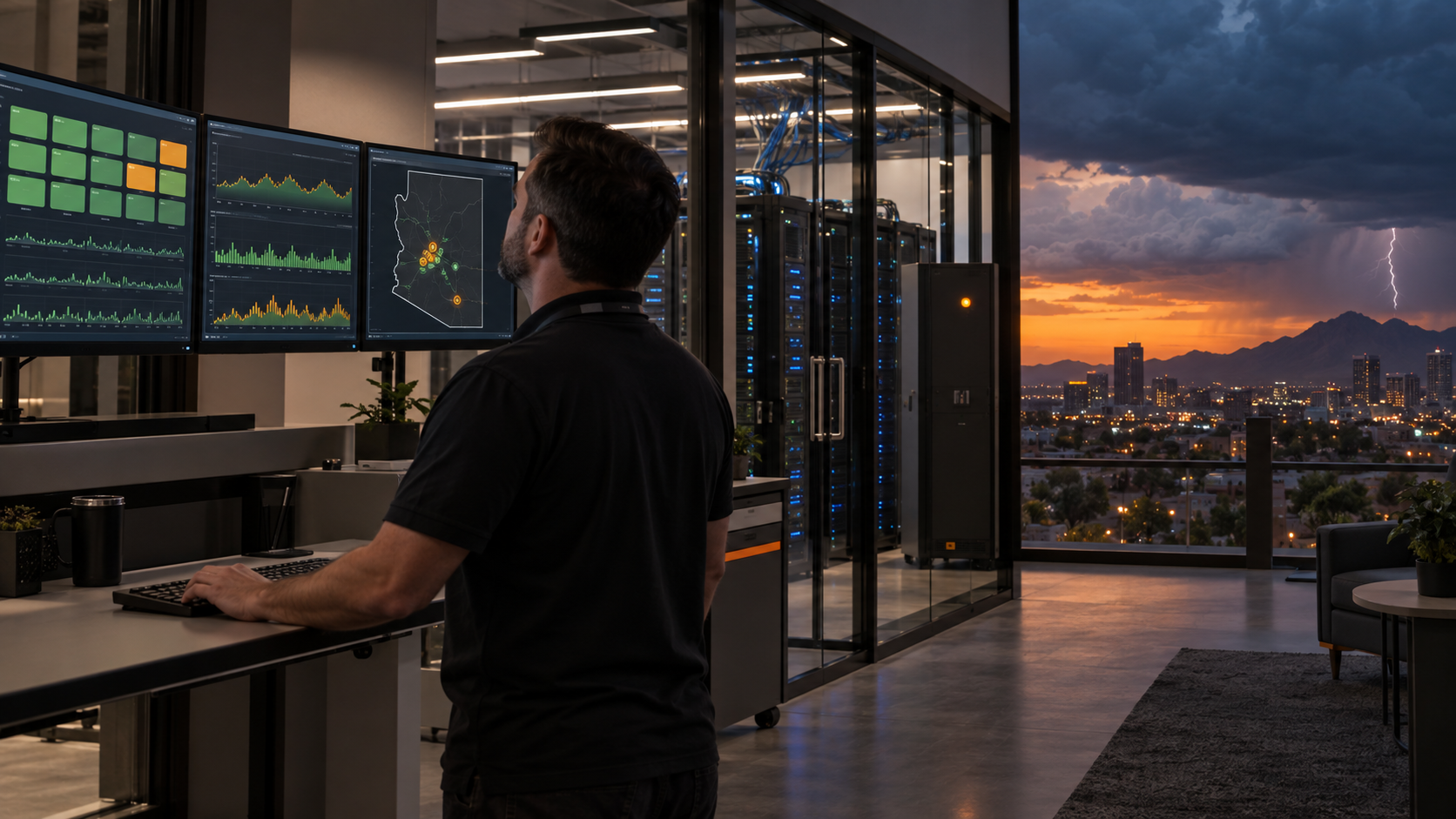 IT engineer monitoring client network dashboards and an Arizona site map in a Phoenix managed IT services operations center, server racks behind him and a monsoon storm over the city skyline