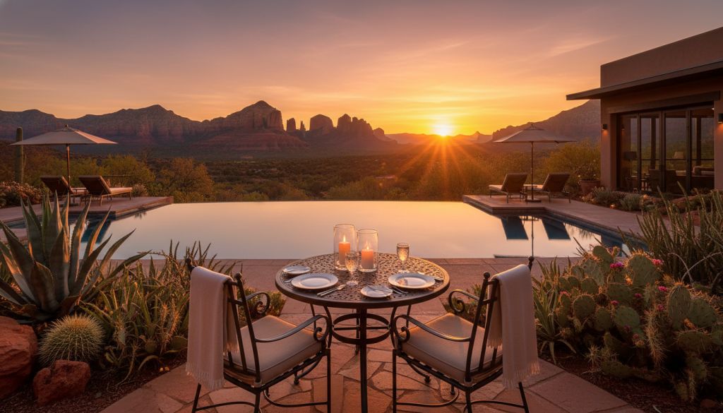 A luxurious adults-only hotel in Sedona, Arizona, featuring elegant amenities perfect for a romantic getaway. In the foreground, a beautifully set outdoor dining area with a candlelit table for two, surrounded by lush desert flora. The middle ground showcases a stunning infinity pool with panoramic views of the iconic red rock formations, inviting and serene. In the background, the sun is setting, casting a warm golden light over the scene, creating a soft and inviting atmosphere. Use a wide-angle lens to capture the expansive view, emphasizing the tranquil ambiance and luxury features. The overall mood is romantic, peaceful, and intimate, ideal for couples seeking a dreamy escape in nature's stunning setting. A luxurious adults-only hotel in Sedona, Arizona, featuring elegant amenities perfect for a romantic getaway. In the foreground, a beautifully set outdoor dining area with a candlelit table for two, surrounded by lush desert flora. The middle ground showcases a stunning infinity pool with panoramic views of the iconic red rock formations, inviting and serene. In the background, the sun is setting, casting a warm golden light over the scene, creating a soft and inviting atmosphere. Use a wide-angle lens to capture the expansive view, emphasizing the tranquil ambiance and luxury features. The overall mood is romantic, peaceful, and intimate, ideal for couples seeking a dreamy escape in nature's stunning setting.