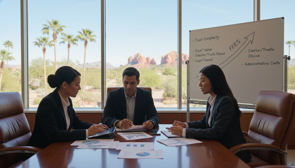 A professional business setting in Arizona, focusing on factors that influence living trust fees. In the foreground, a diverse group of three professionals engaged in a discussion around a conference table scattered with documents and charts. They wear professional attire, exuding an air of expertise and focus. In the middle background, an elegant office with large windows showcasing a sunny Arizona landscape, palm trees, and blue skies. A whiteboard displays graphs highlighting fees related to living trusts. The lighting is bright and natural, creating an inviting atmosphere. Use a standard lens for clarity, capturing both the individuals and their environment, evoking a sense of professionalism and collaboration in financial planning. A professional business setting in Arizona, focusing on factors that influence living trust fees. In the foreground, a diverse group of three professionals engaged in a discussion around a conference table scattered with documents and charts. They wear professional attire, exuding an air of expertise and focus. In the middle background, an elegant office with large windows showcasing a sunny Arizona landscape, palm trees, and blue skies. A whiteboard displays graphs highlighting fees related to living trusts. The lighting is bright and natural, creating an inviting atmosphere. Use a standard lens for clarity, capturing both the individuals and their environment, evoking a sense of professionalism and collaboration in financial planning.