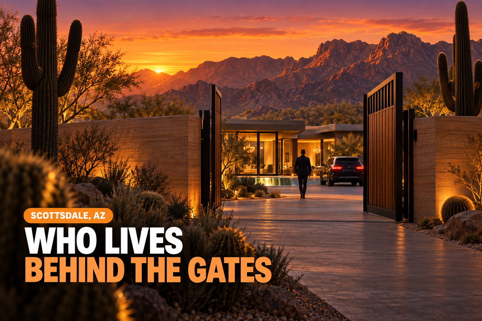 Gated luxury desert estate in North Scottsdale at sunset with the McDowell Mountains behind