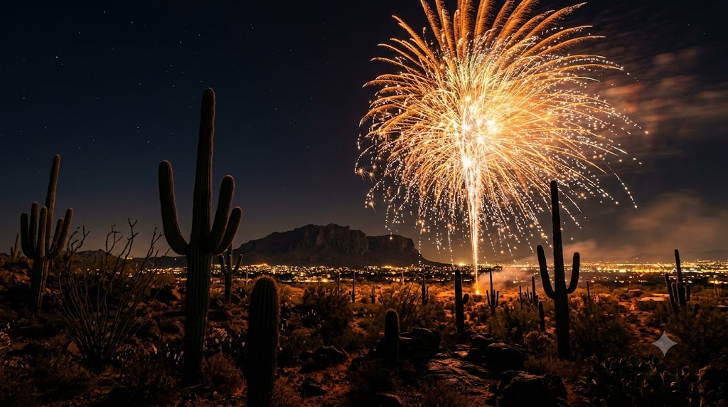 Fourth of July fireworks in orange and gold exploding over saguaro cacti in the Arizona desert near Phoenix