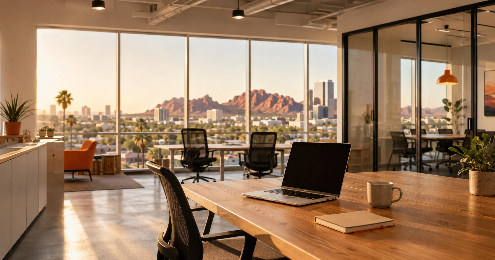 Modern coworking space in Phoenix Arizona with desert mountain views through floor-to-ceiling windows