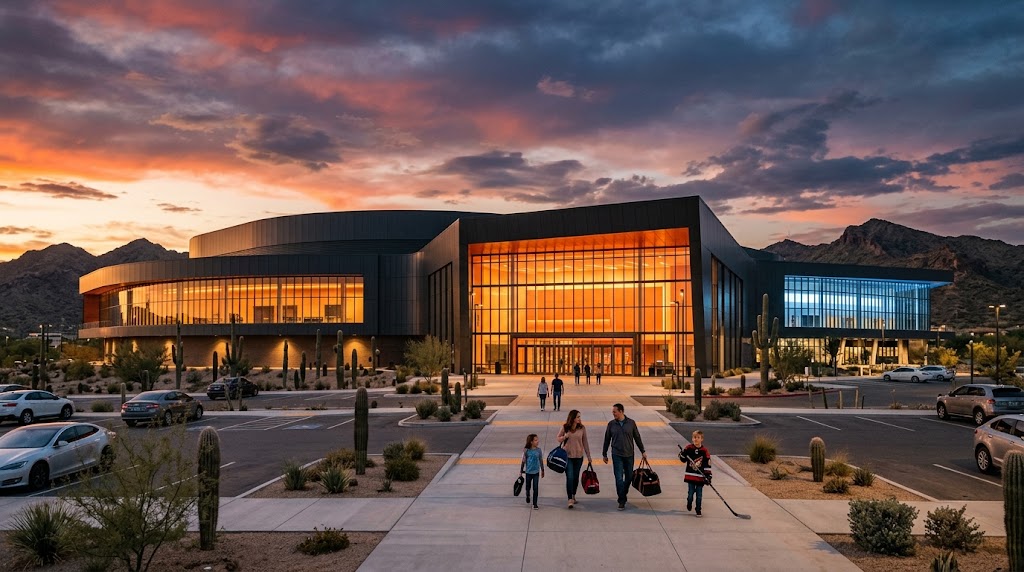 Fire 'n' Ice Sports Arena complex at sunset in north Phoenix, Arizona