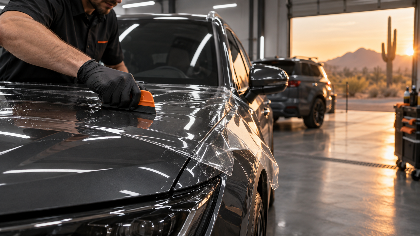 Technician laying paint protection film on the hood of a black SUV in a Phoenix detail shop bay