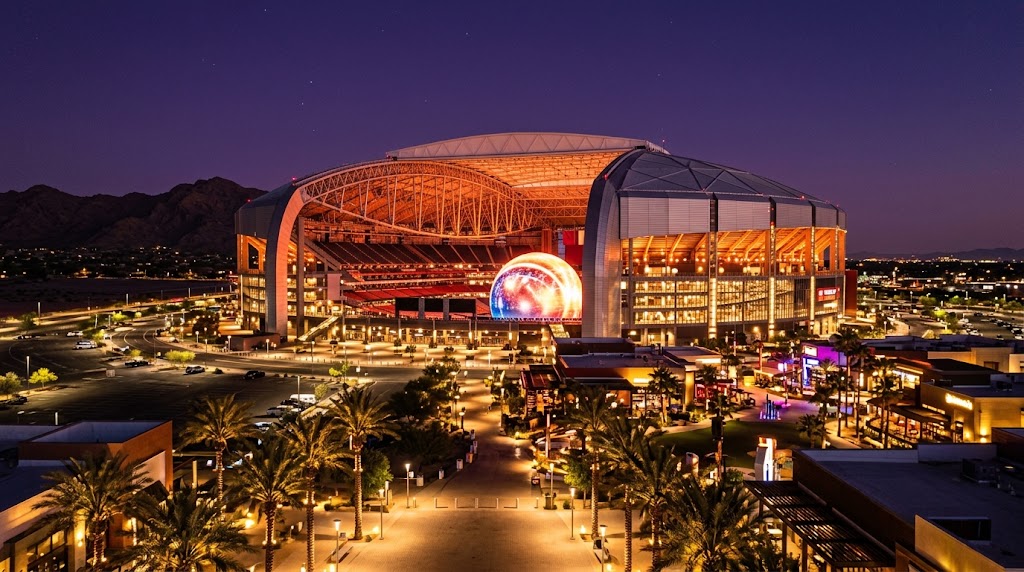 State Farm Stadium in Glendale Arizona at night ahead of the Ye concert November 21 2026