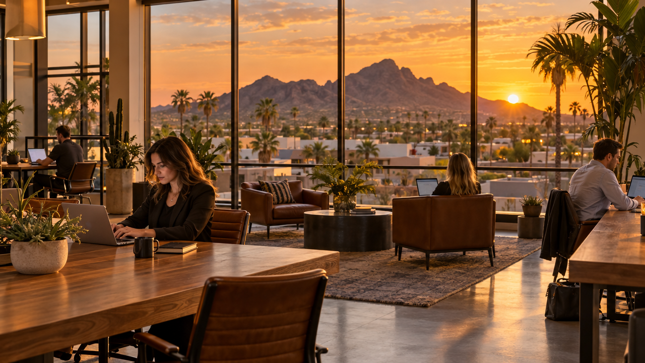 Coworking space in Old Town Scottsdale, Arizona with a view of Camelback Mountain at sunset