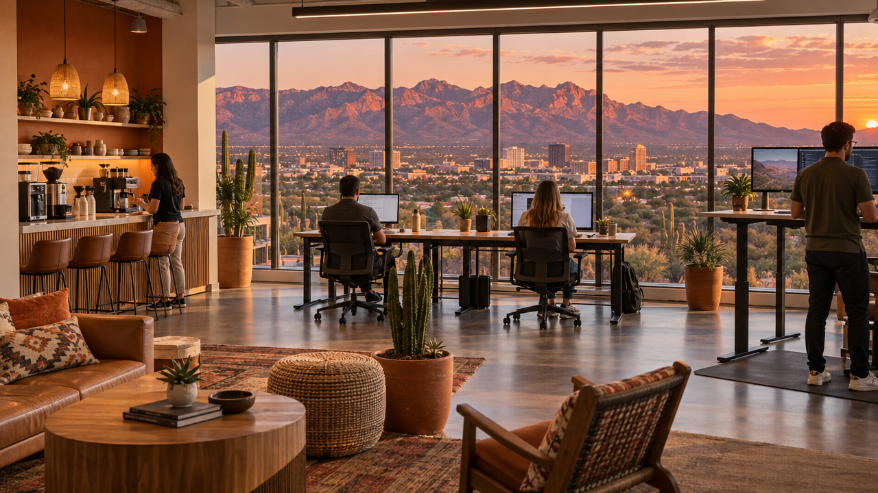 Coworking space in Tucson, Arizona overlooking the city and the Santa Catalina Mountains at sunset