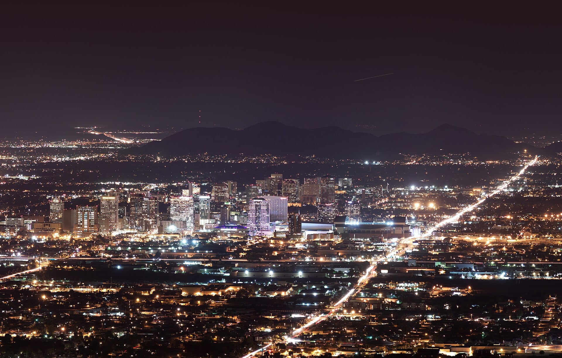 Downtown Phoenix skyline lit up at night