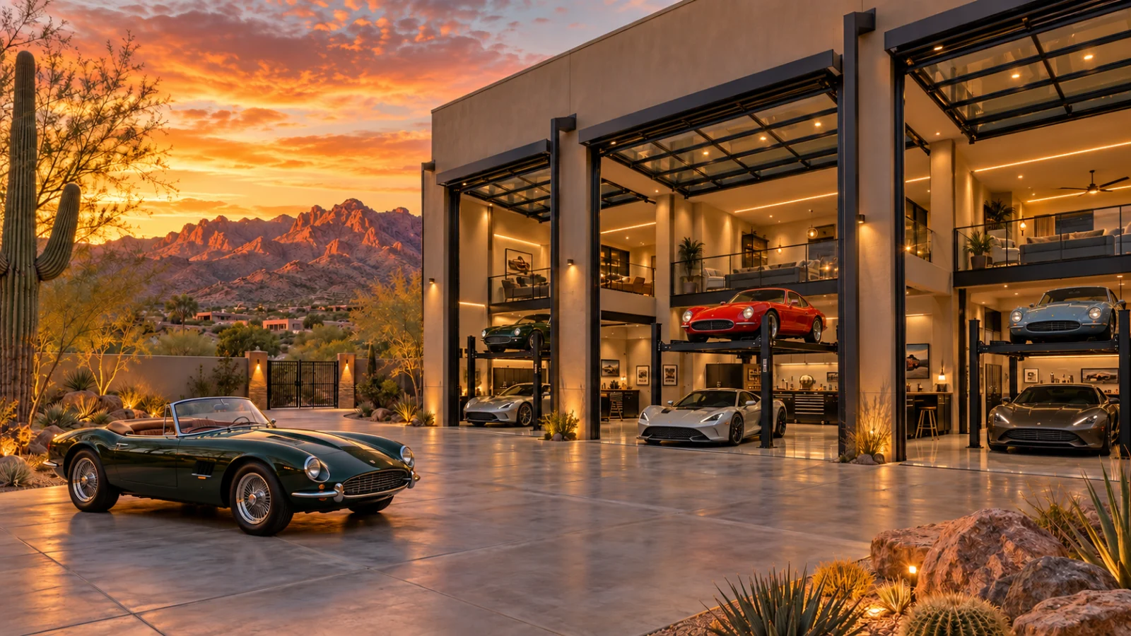 Illustration of a luxury garage condo community in North Scottsdale at sunset, with collector cars on lifts in tall private garage suites and the McDowell Mountains behind