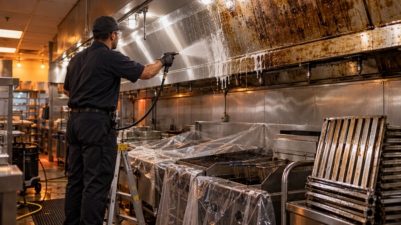 Hood cleaning technician spraying degreaser on a greasy stainless steel restaurant exhaust hood in a Phoenix commercial kitchen, half cleaned to bare metal