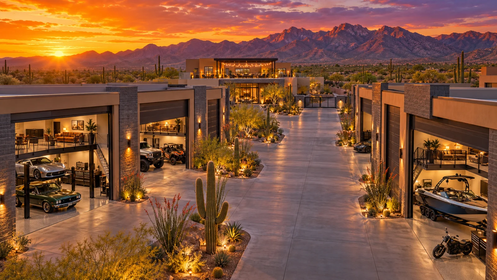 Illustration of a luxury garage condo community in North Scottsdale at sunset, with open garage suites holding cars, an off-road truck and a boat, a clubhouse with a rooftop lounge and the McDowell Mountains behind